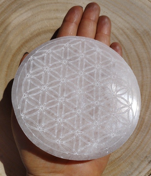 PLACA SELENITA REDONDA FLOR DE LA VIDA