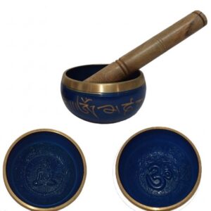 CUENCO TIBETANO Ø9CM AZUL LETRAS Y FONDO RELIEVE (CON MAZA)