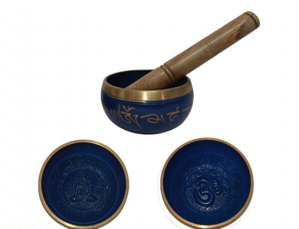 CUENCO TIBETANO Ø9CM AZUL LETRAS Y FONDO RELIEVE (CON MAZA)