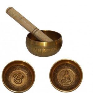 CUENCO TIBETANO Ø9CM DORADO LETRAS Y FONDO RELIEVE (CON MAZA)