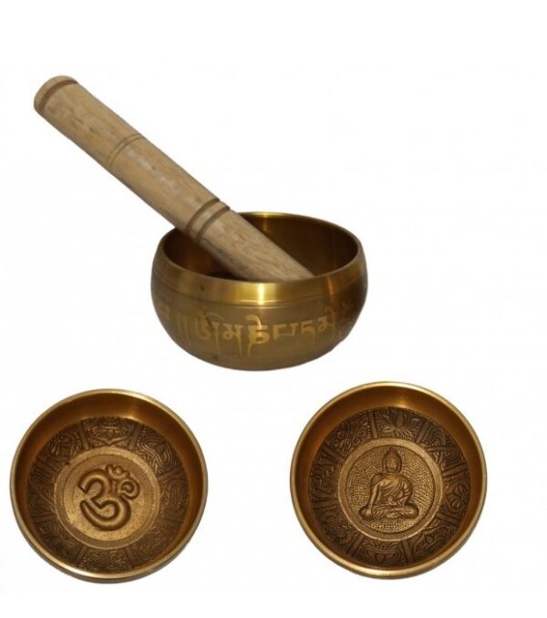 CUENCO TIBETANO Ø9CM DORADO LETRAS Y FONDO RELIEVE (CON MAZA)