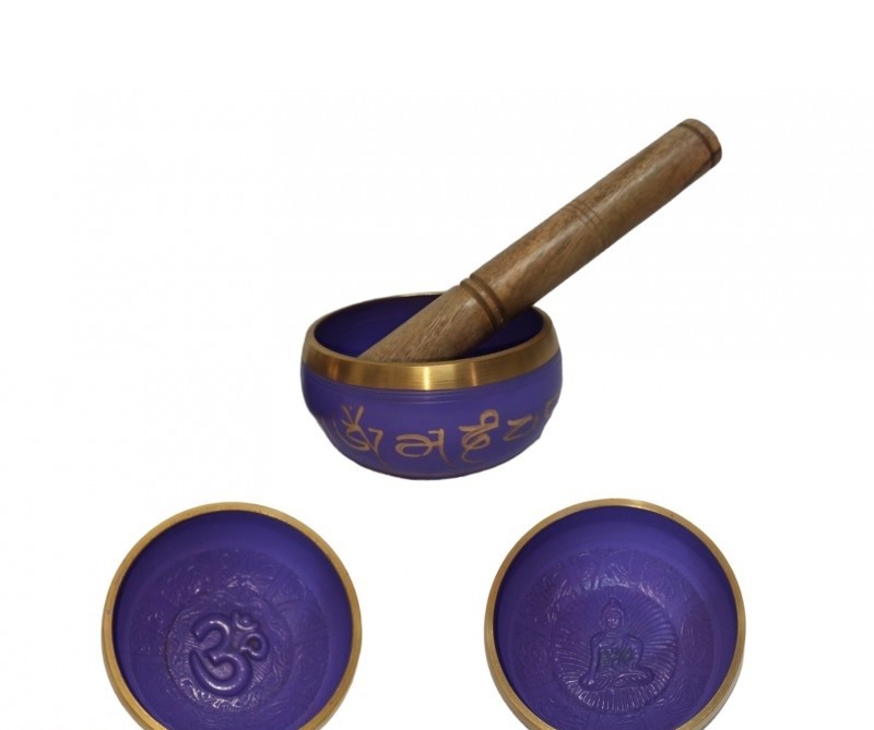 CUENCO TIBETANO Ø9CM MORADO LETRAS Y FONDO RELIEVE (CON MAZA)